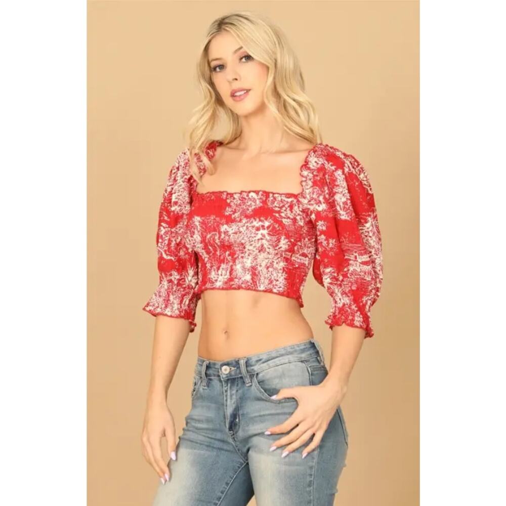 Red Toile Print Smocked Cottagecore Crop Top Puff Sleeve Size Small - Picture 2 of 6
